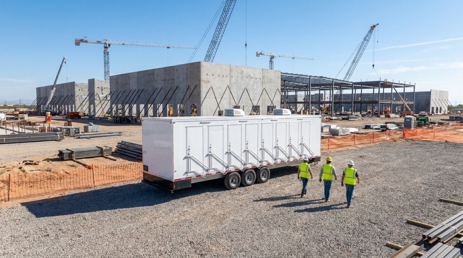 Eight station private shower trailer staged at a data center construction site