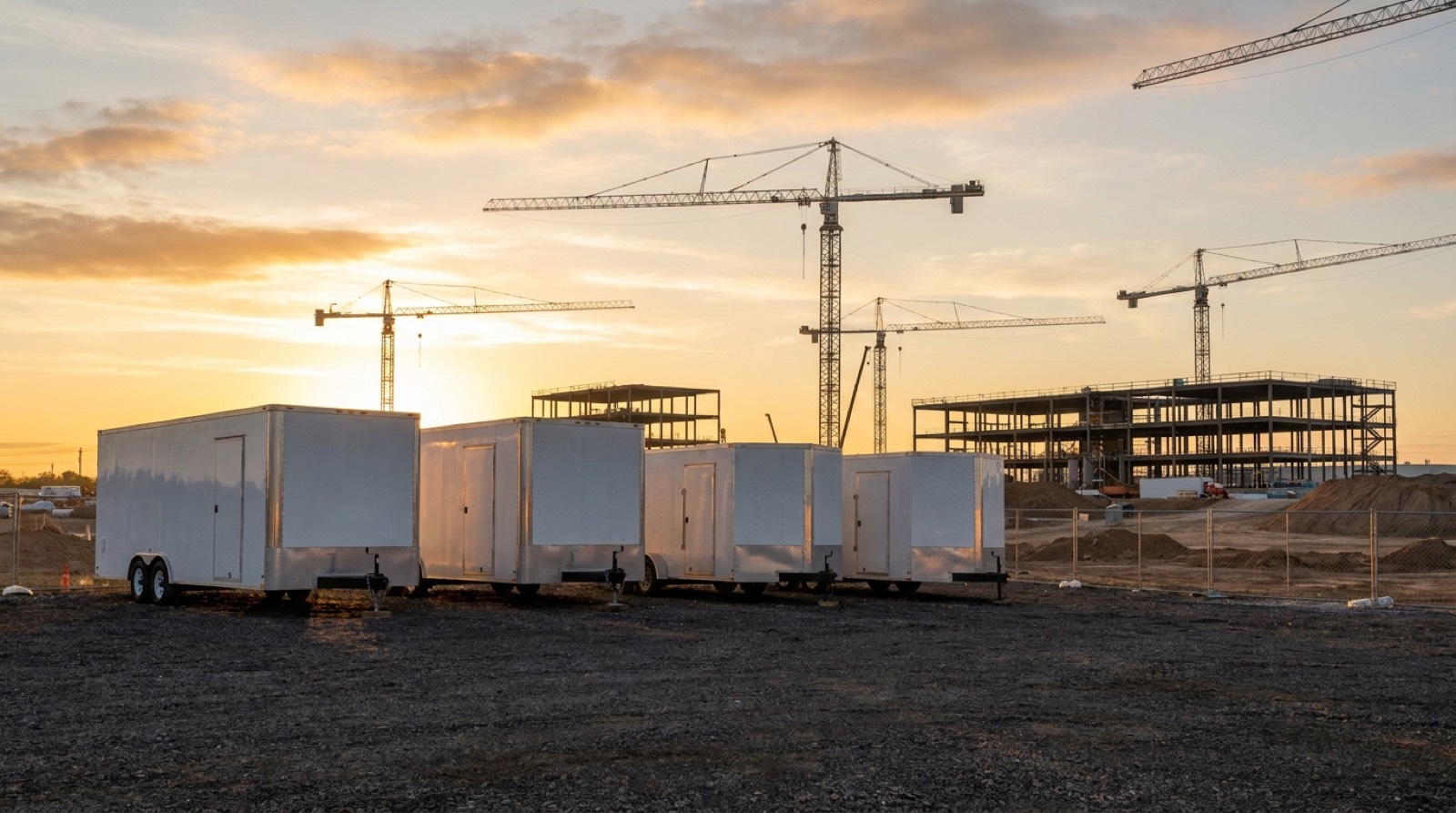 Row of white service trailers staged at dawn at a hyperscale campus