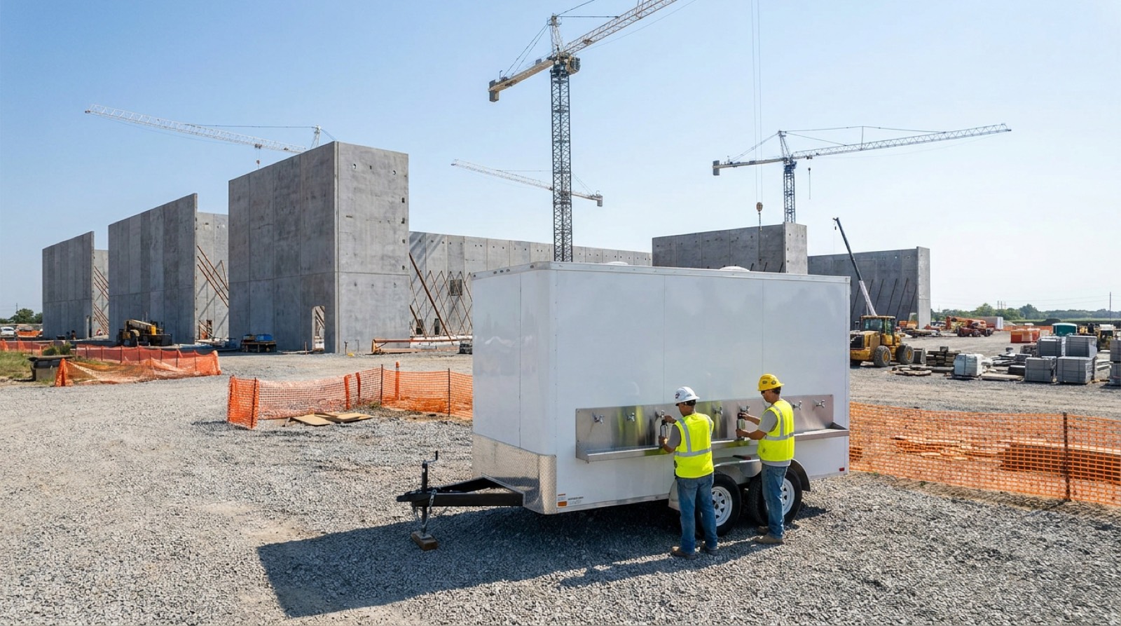 Hydration station trailer with bottle-fill spigots at a data center construction site, crew refilling water bottles