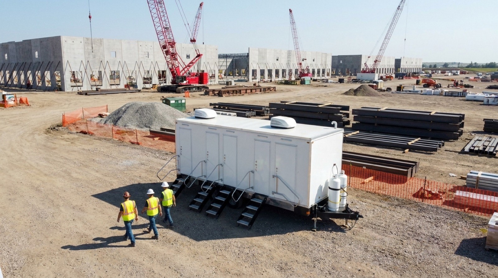 Combination shower restroom and laundry trailer at a data center construction site