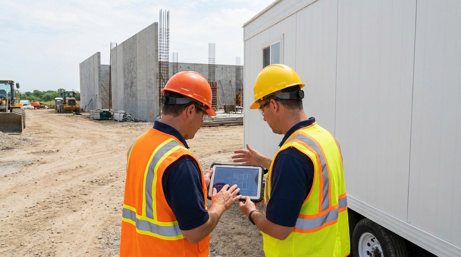 Site managers reviewing a placement plan beside a delivered trailer