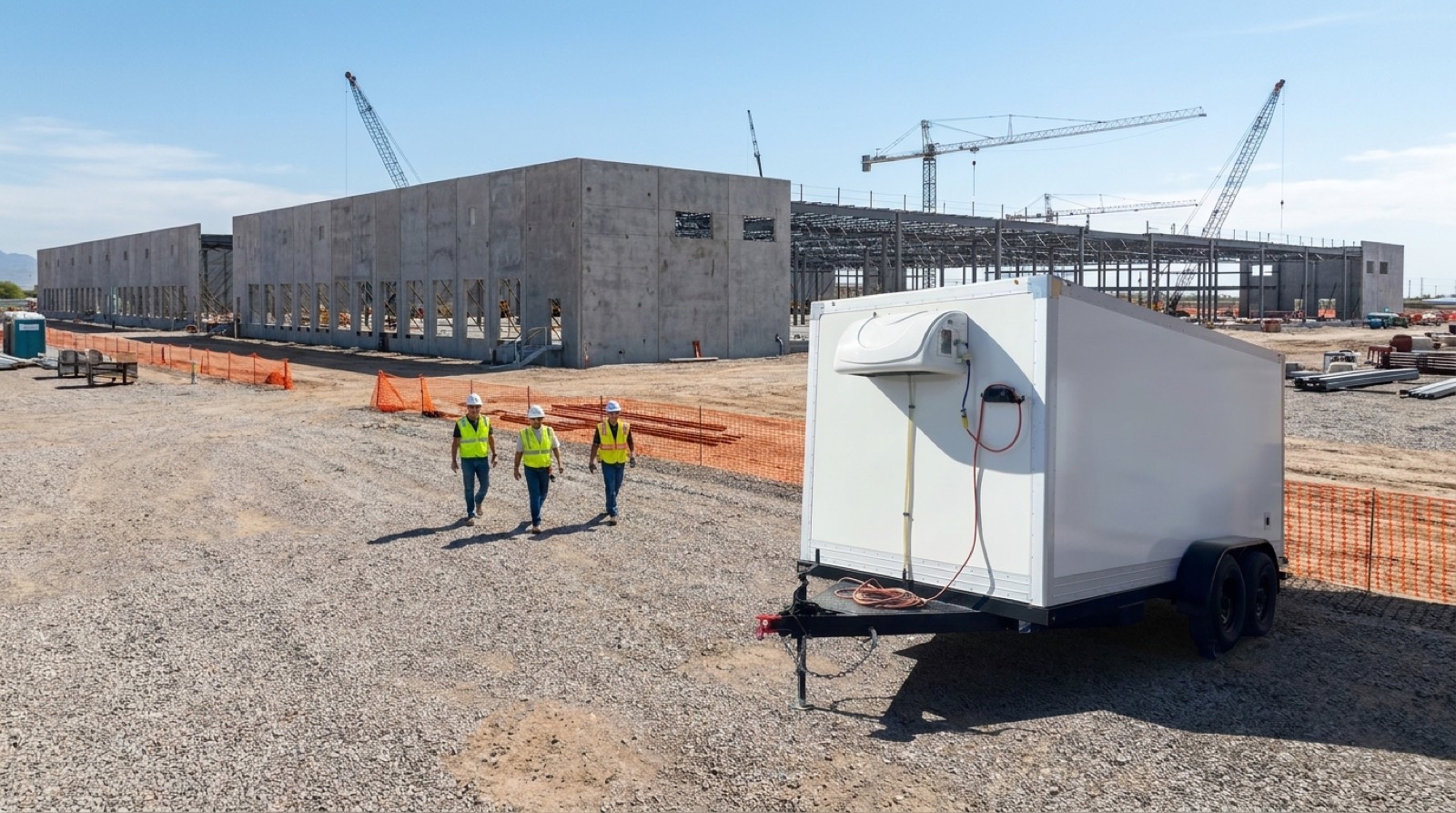 Refrigerated cold storage trailer positioned at a data center construction site